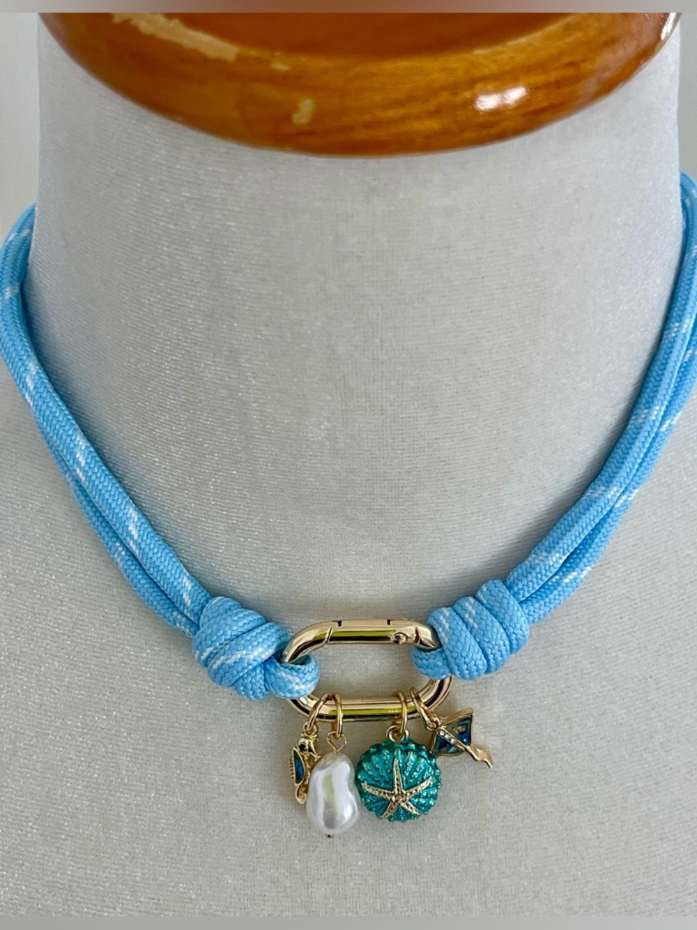 Blue ski Rope Necklace with Gold Charms and Turquoise Sea Star Accent